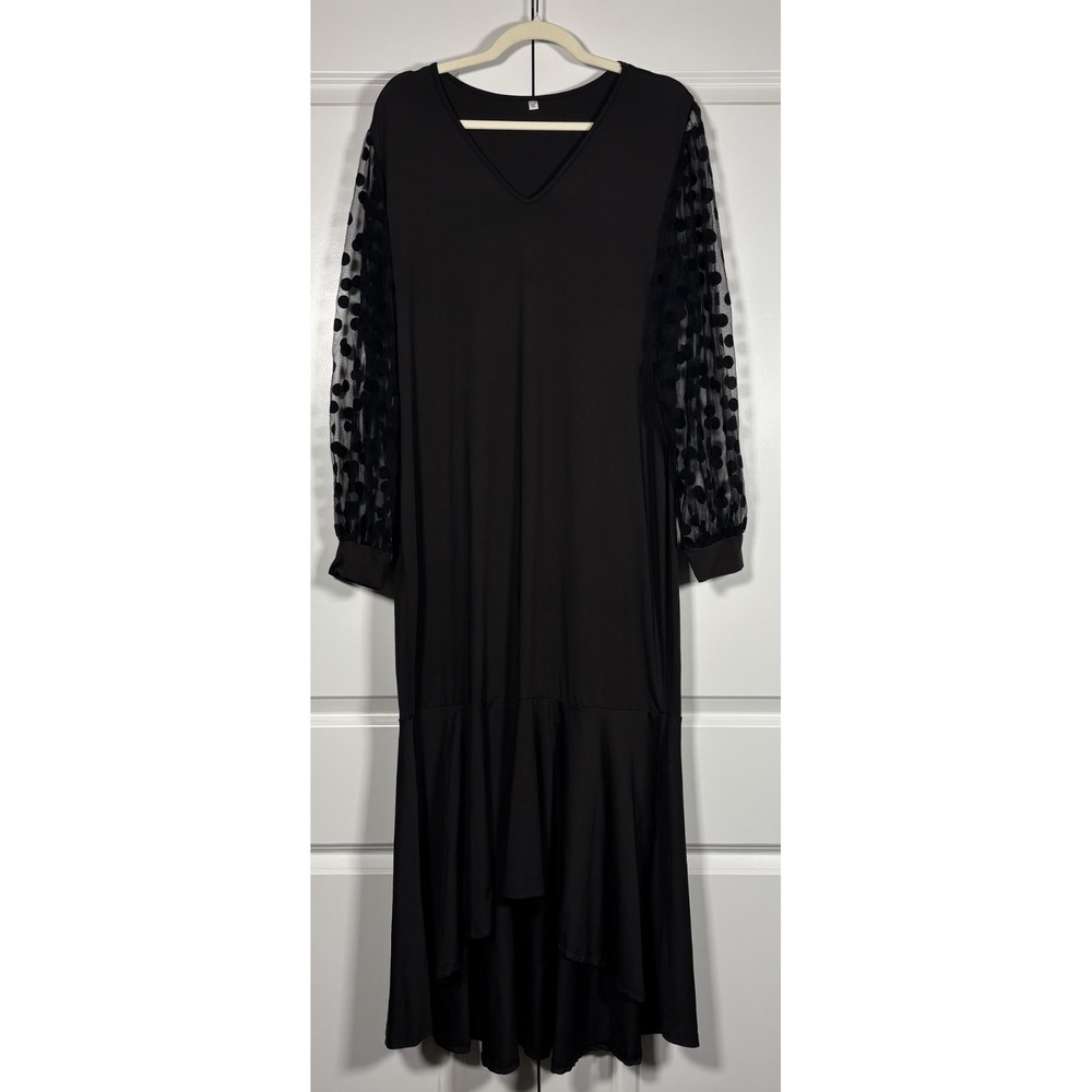 Womens Maxi Dress Black Flocked Polka Dot Balloon Sleeve V-Neck Ruffle Hem 1XL